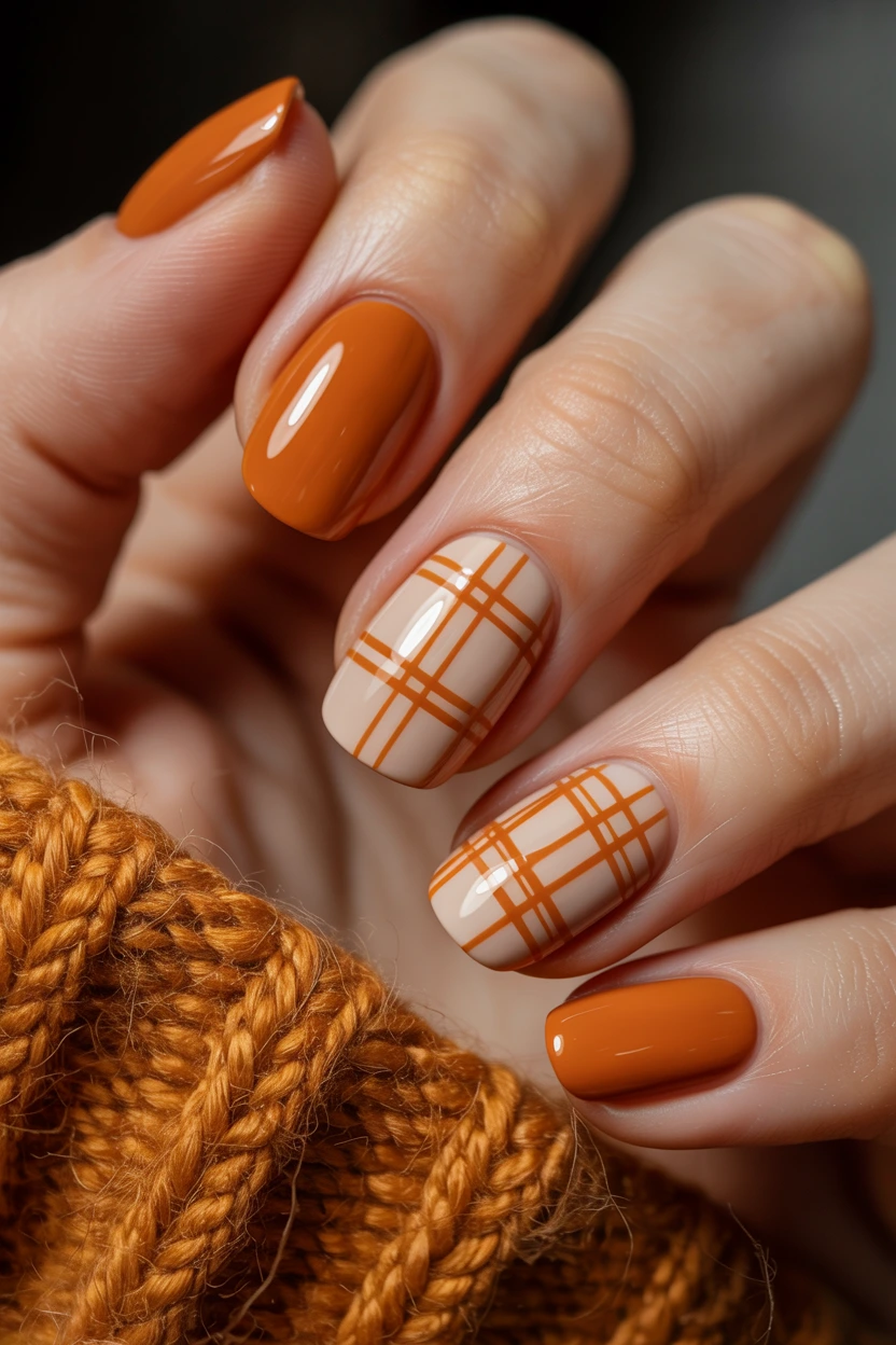 plaid accent gel nails