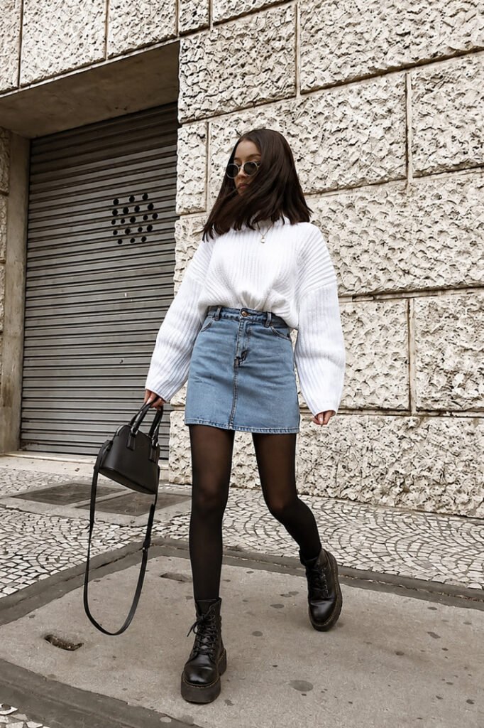 Black Leggings With A Denim Mini Skirt